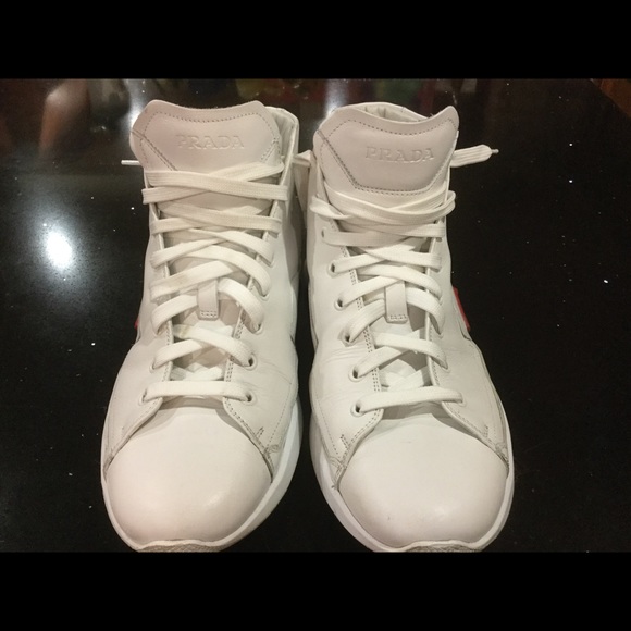 Prada Other - PRADA  White Leather Men's High Top Red Logo